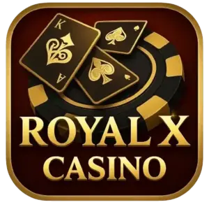 Royal X Casino logo with playing cards, roulette ring and gold lettering