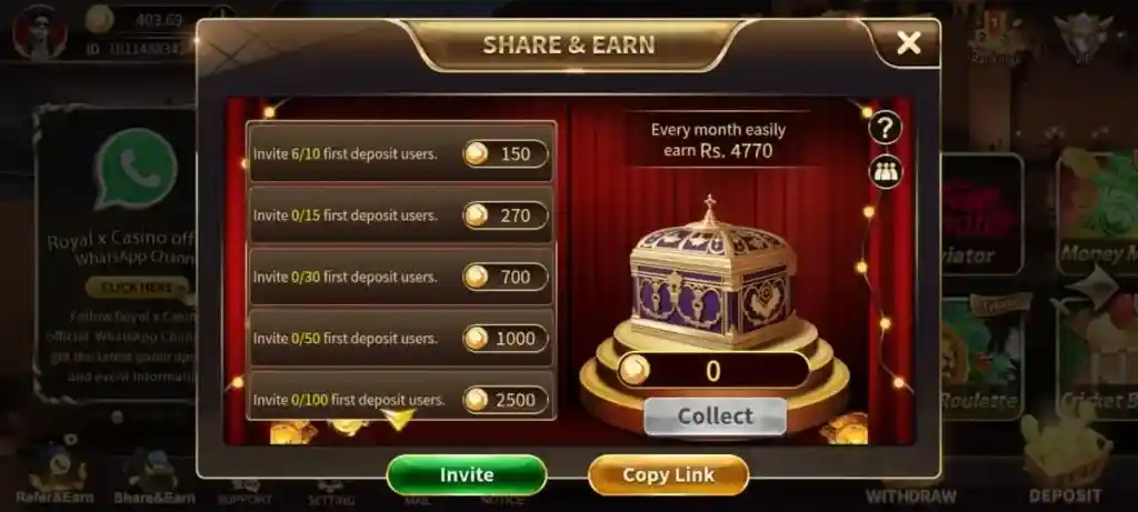 Royal X Casino share and earn referral screen showing invite tiers